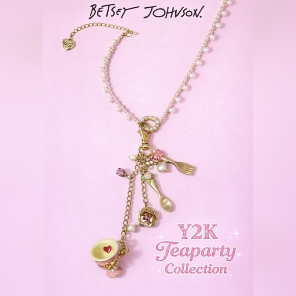 Betsey Johnson Jewelry - Betsey Johnson Y2K Tea party Charm Necklace Tea Cup Form Spoon Pearl Authentic